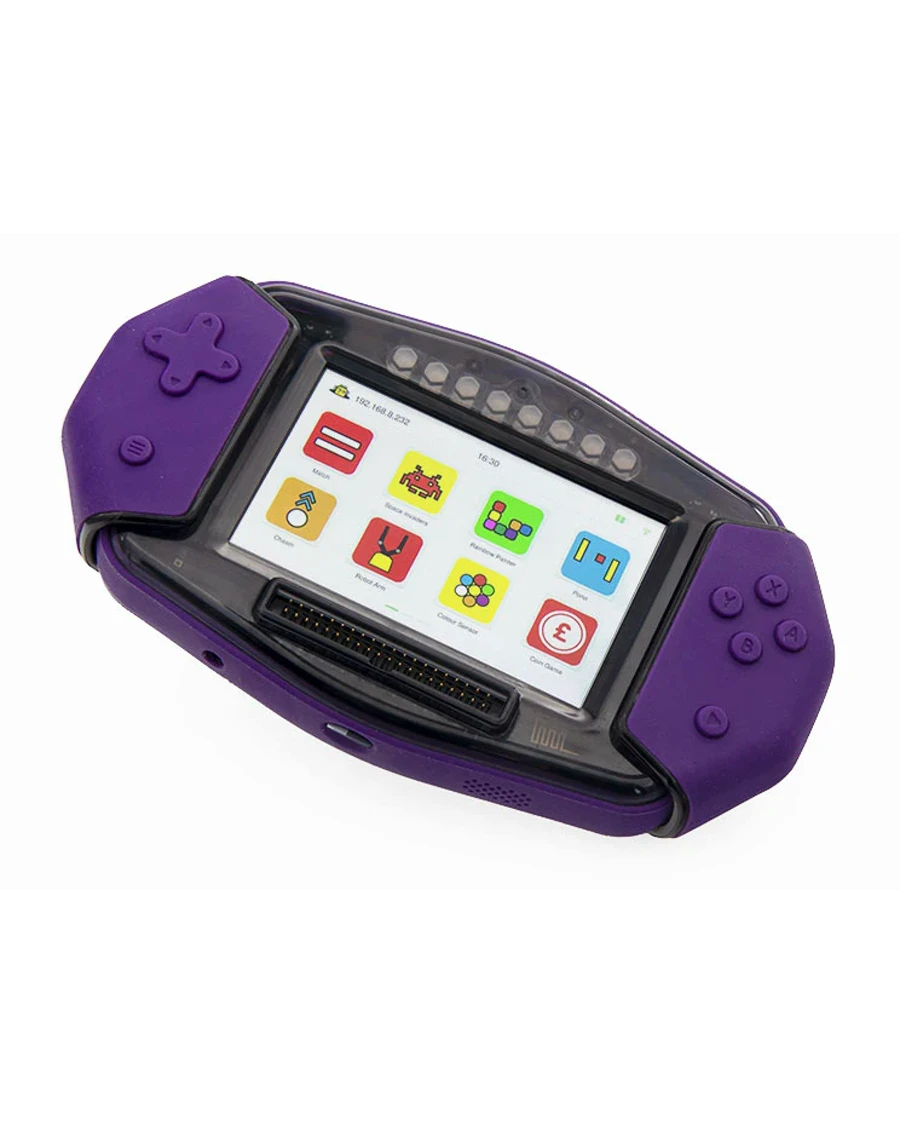 The Pip handheld computer, a purple, Raspberry Pi-powered device with a touchscreen and detachable game controllers