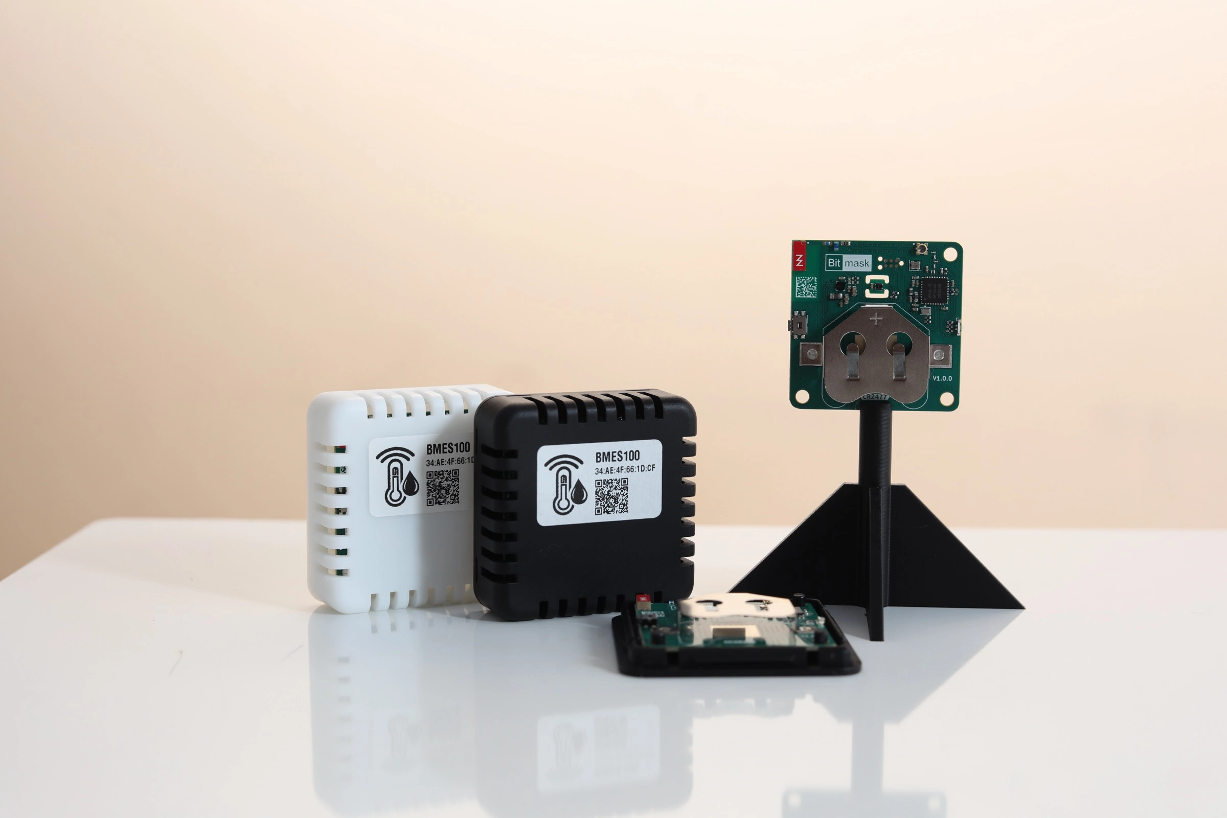 Bitmask BMES100 environmental sensors and PCB module on a studio bench