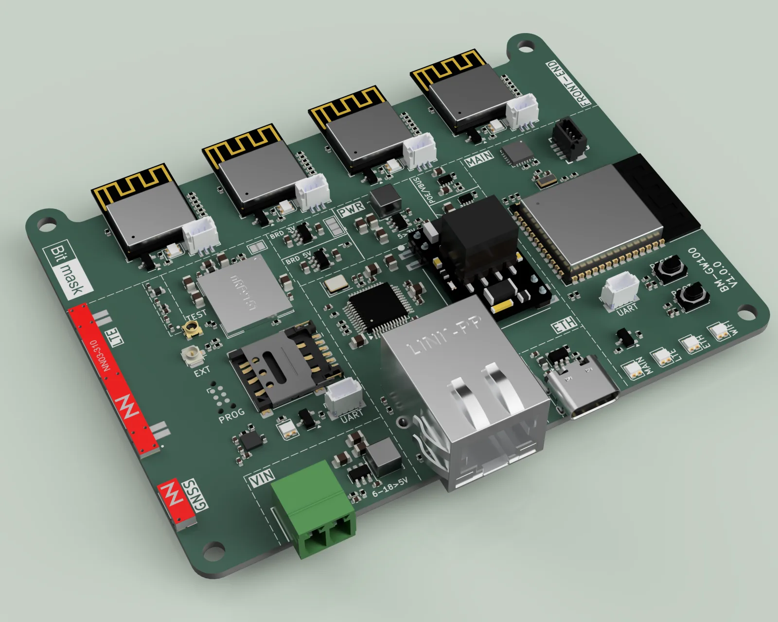 BMPC100 people-counting sensor board, showing four RF front-end modules, LTE-M, Ethernet, USB-C, and terminal power connectors