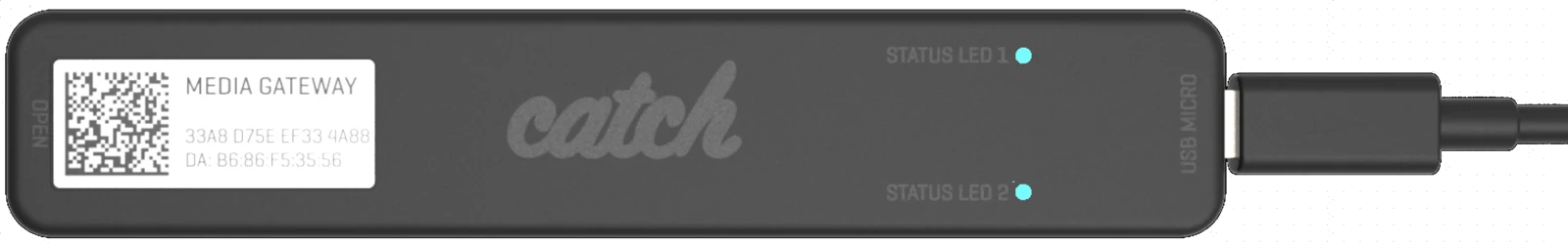 The Catch media gateway: a slim USB dongle marked Media Gateway, with two status LEDs and a micro-USB lead